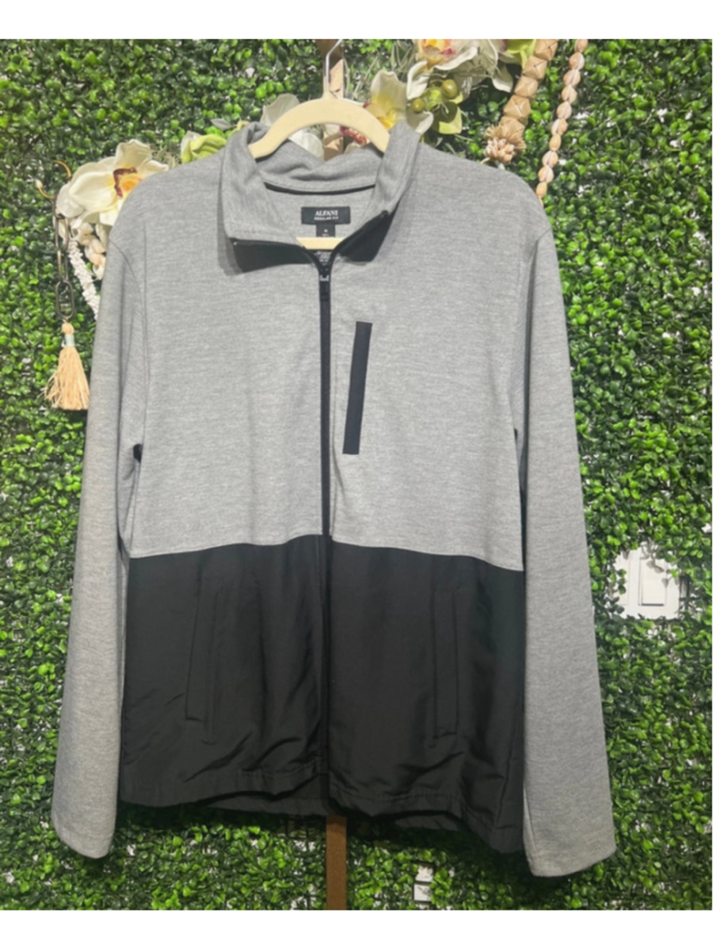 Alfani Gray Black Colorblock Mixed Media Track Suit Dad Full Zip Up Jacket Large